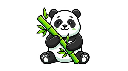 Panda bear sits happily while holding a fresh green bamboo stalk against a clean white background. © Awais