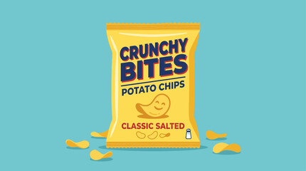 Potato chips bag stands upright surrounded by crispy snacks on a solid light blue background. © Awais