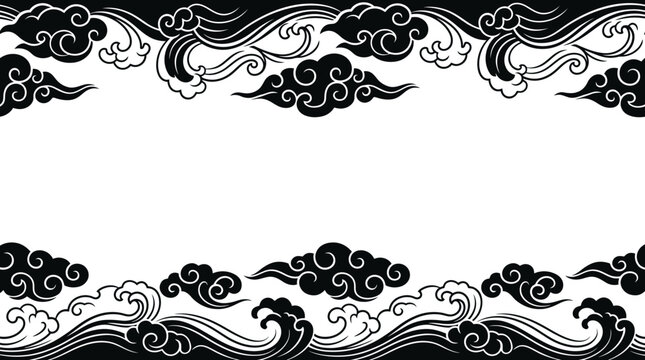 Traditional Japanese style black and white cloud and wave border pattern.