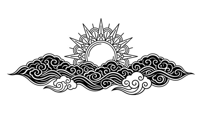 Ornate sun rising over stylized traditional clouds illustration.