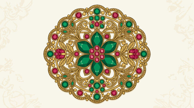 Jewelry brooch features an intricate gold filigree design with vibrant green and red gemstones.