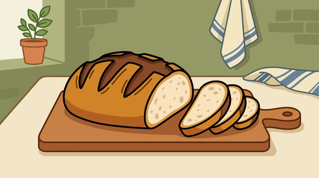 Bread loaf sits sliced on a wooden cutting board in a cozy kitchen setting for a breakfast concept.