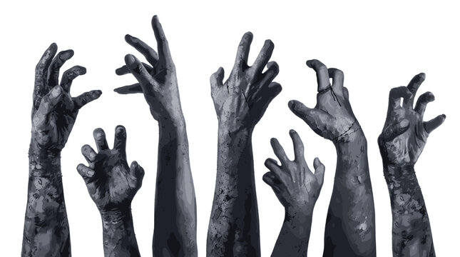 A collection of desolate, gnarled zombie hands are reaching up and grasping from darkness against a white background.
