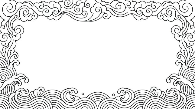 Decorative rectangular frame featuring traditional Japanese style wave and cloud patterns.