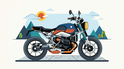 Obraz premium Motorbike parked in front of a stylized mountain landscape represents adventure and travel freedom.
