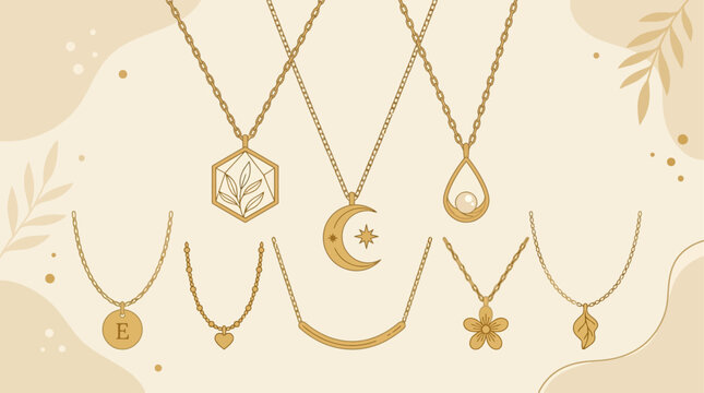 Necklaces featuring gold chains and geometric pendants hang against a light beige background with botanical illustrations.