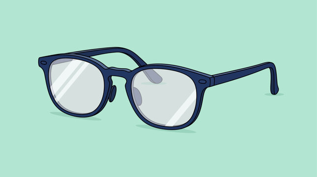 Glasses with dark blue frames sit against a solid light teal background.