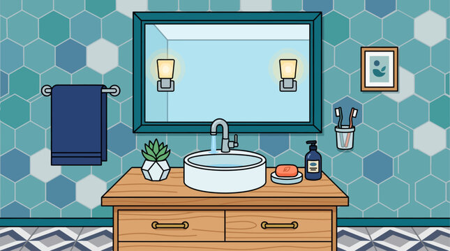 Bathroom vanity includes a ceramic vessel sink, a mirror, and decorative plants on a wooden surface.