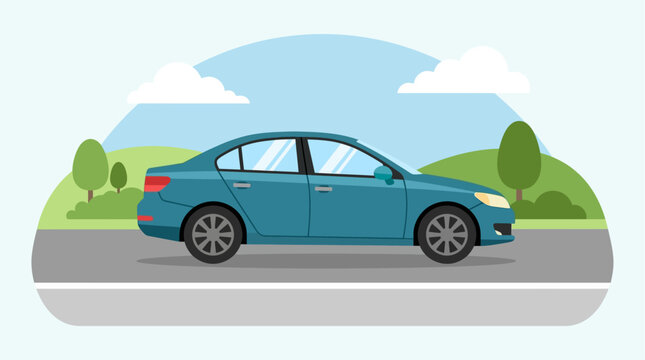 Sedan car travels along a paved road set against a backdrop of rolling green hills and blue sky.