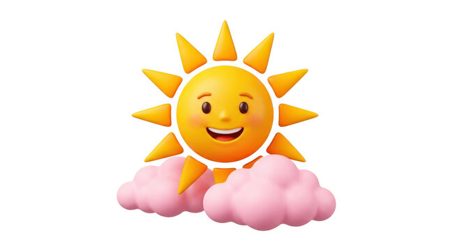 Cheerful cartoon sun with smiling face and clouds.