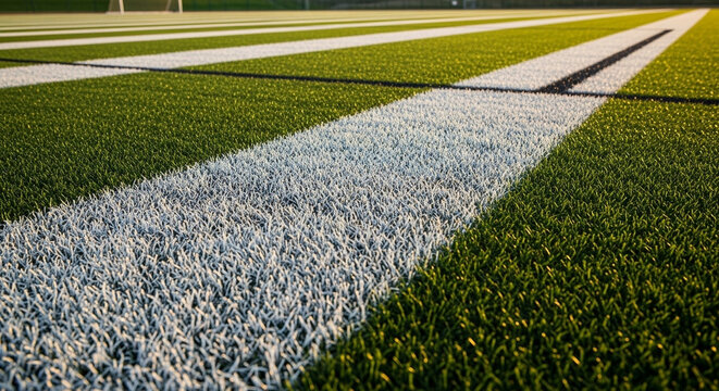 The pristine green artificial turf of a sports field is illuminated by the warm glow of the setting sun, casting long shadows across the sharply defined white boundary lines, evoking a sense
