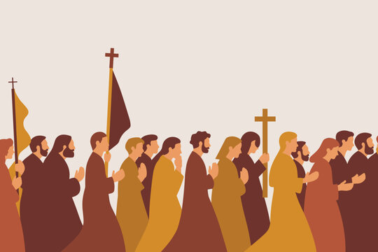 Religious procession of monks and people carrying crosses and flags in a solemn march