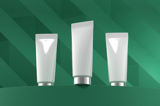 Cosmetic tube with sliver cap stand against a forest green podium background 3d rendering