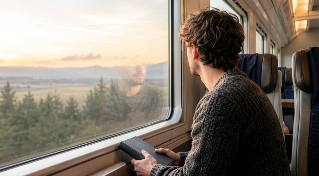 Man looking out train window at sunset