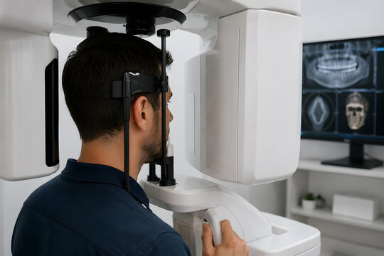 Patient Undergoing CBCT Dental Scan with 3D Cone Beam CT Imaging for Implant and Oral Surgery Planning