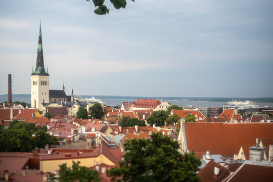 Panoramic view of Tallinn old town with St Olaf church, Estonia
