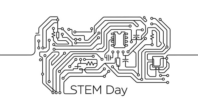 A continuous line drawing of a circuit board forming the text STEM Day.