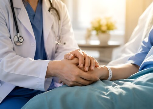 Doctor Holding Patient's Hand in Hospital Bed Showing Compassionate Care