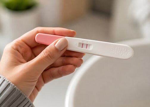 Woman Holding Positive Pregnancy Test Kit Close Up