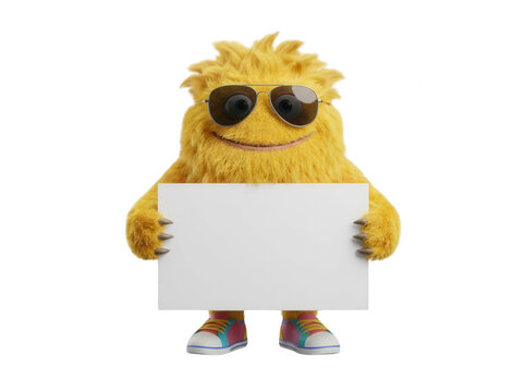 Furry yellow monster holding a sign isolated on transparent background
