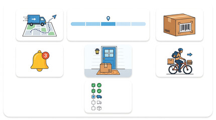 Fototapeta premium Set of courier delivery service icons showing shipping progress tracking steps and package transportation logistics for e commerce business operations