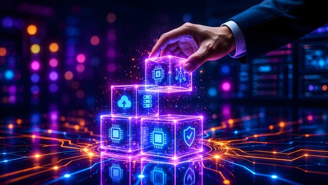 Businessman hand stacking neon glowing cubes with technology icons. Concept of network infrastructure, cloud computing, and database management.