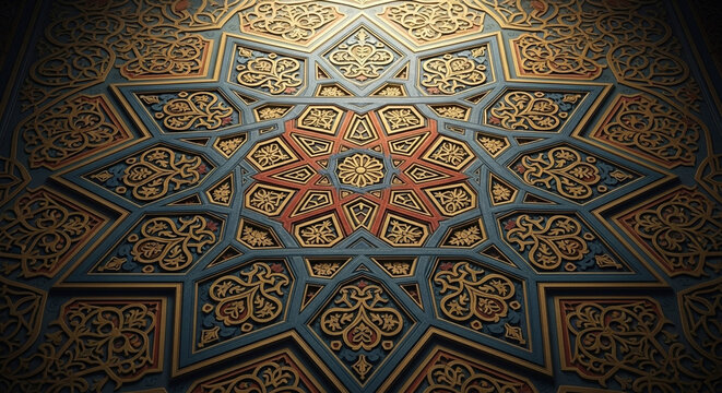 Intricate geometric pattern featuring a complex star-shaped tessellation with ornate floral motifs rendered in rich blues, reds, and gold, evoking a sense of timeless artistry and architectural
