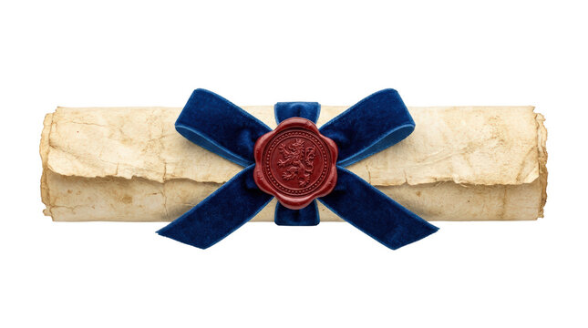 Sealed scroll with blue ribbon and wax stamp.