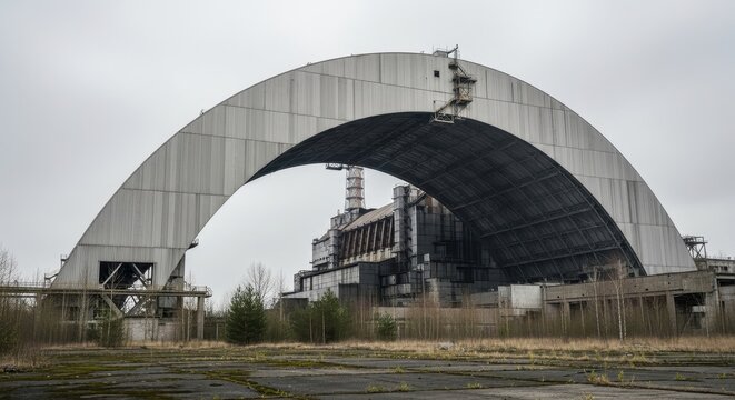 Abandoned Chernobyl sarcophagus structure in overgrown industrial zone.