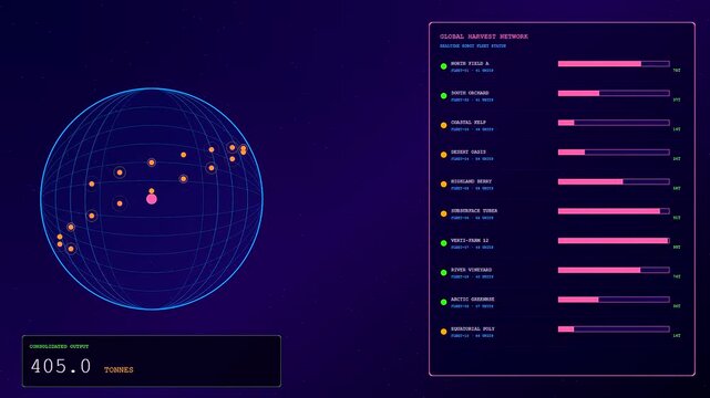 Robotic harvesting data visualization displayed on a digital interface showing progress metrics across multiple global sectors with shifting planetary coordinates and loading bars in purple space