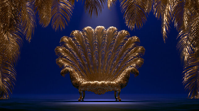 Trono dourado luxuoso e majestoso em fundo azul escuro, emoldurado por folhas de palmeira met&aacute;licas. Cen&aacute;rio 3D premium para apresenta&ccedil;&otilde;es VIP e mockups de design
