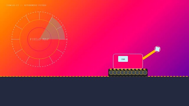A mechanical crawler performing robotic harvesting operations within a virtual field environment while sensors scan the digital terrain to locate and pick up small objects