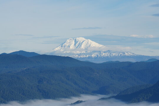 Snow covered Mount Adams volcano rising above forested hills and low clouds fog inversion viewed from Columbia River Gorge Oregon