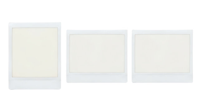 Three blank white picture frames in a row.