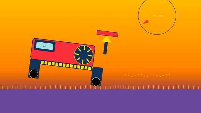 A robotic harvesting process shown in a repeating sequence featuring a red mechanical vehicle with a clock face indicator moving along a vibrant orange gradient