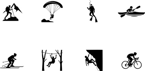 Obraz premium Extreme Adventure Sports Solid Black Glyph Vector Icon Set Featuring Paragliding, Scuba Diving, Gymnastics and Rock Climbing Isolated on White Background
