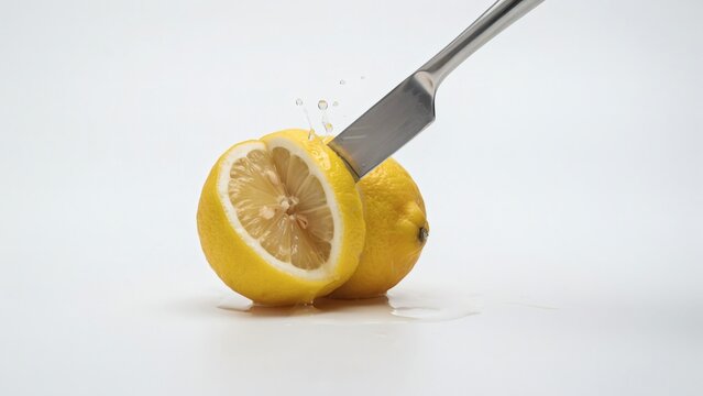 Knife cutting through a fresh yellow lemon on white background, juice splashing