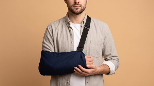 Orthopedics. Man wearing an arm sling during recovery from a shoulder, elbow or upper limb injury.
