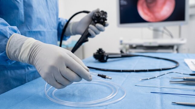 Gastroenterology. Medical professional preparing flexible endoscopic equipment and sterile instruments for a diagnostic procedure in a modern endoscopy unit.