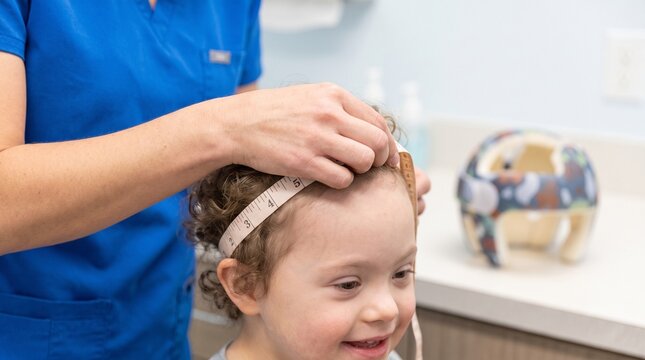 Pediatrics. Healthcare professional measuring a young child&rsquo;s head circumference with a tape during a developmental growth assessment in a pediatric clinic.