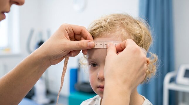 Pediatrics. Healthcare professional measuring a toddler&rsquo;s head circumference with a tape during a developmental growth assessment in a medical clinic.