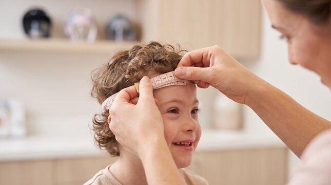 Pediatrics. Healthcare professional measuring a young child&rsquo;s head circumference with a tape during a developmental growth assessment.