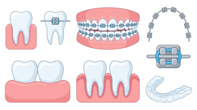 Orthodontics. Dental braces, brackets, archwires and clear aligner illustration showing common tooth alignment treatments.