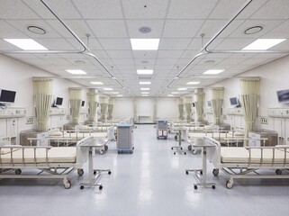Fototapeta premium Clean multi bed hospital ward with clinical beds and monitoring equipment - clean clinical interior