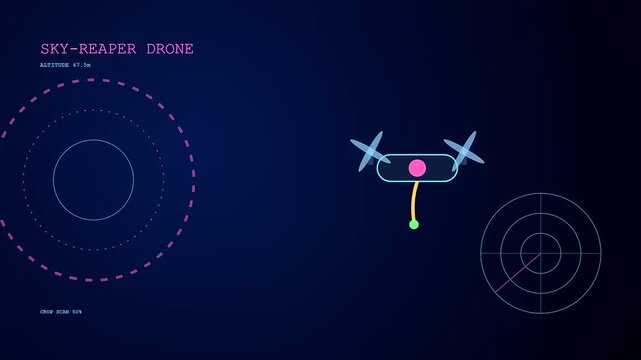 A robotic harvesting drone monitors agricultural fields using advanced digital interface displays and scanning sensors during a systematic flight path sequence over the cultivated crop land