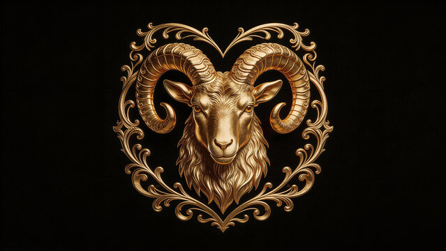 Golden ram head in ornate frame