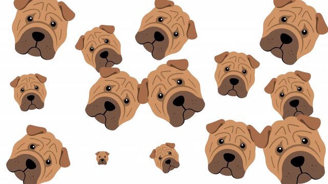 Multiple wrinkled shar pei dog faces on plain white background. Suitable for petrelated designs or to express emotions like curiosity.