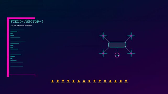 A robotic harvesting drone monitors agricultural fields while displaying complex software code interfaces on a dark digital monitor screen during a systematic aerial farming survey