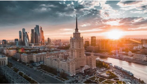 Aerial view of Moscow city skyline at sunset, 4k video footage