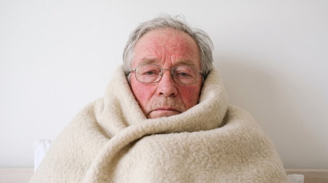 Elderly man with grey hair wearing glasses wrapped in a warm beige blanket looking sad while feeling very sick indoors